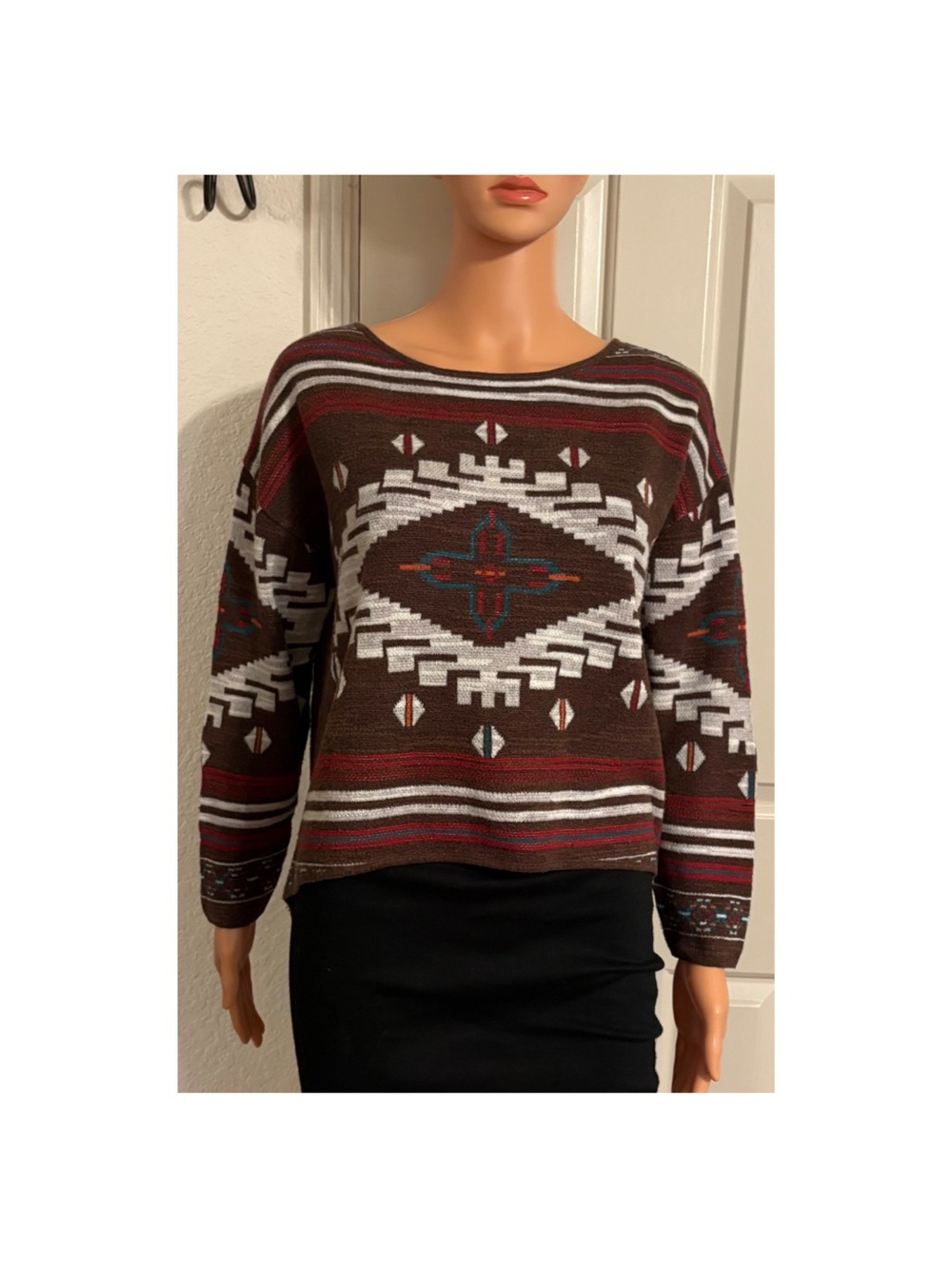 Natural Reflections Brown Aztec-Print Crewneck Sweater with Red & White Accents